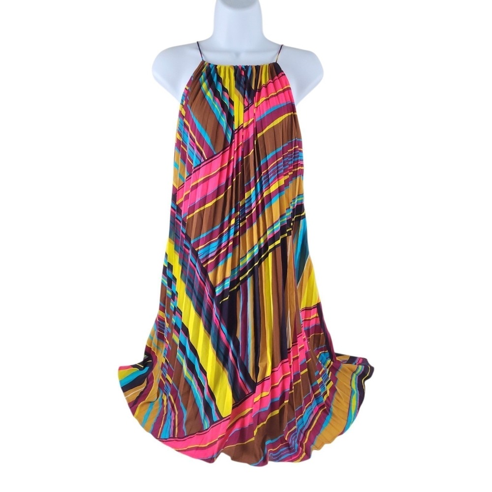Calvin Klein Pleated Dress 14 Brasil Halter Geometric Midi NWT 70s Style